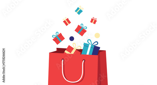 Numerous colorful gift boxes falling into a large red shopping bag.