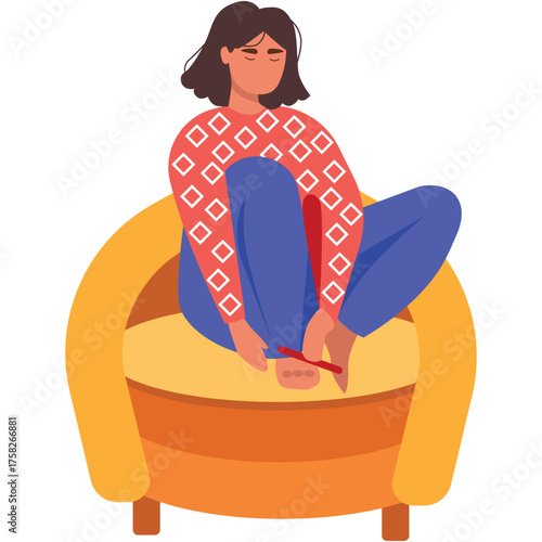 Woman make pedicure sitting in armchair vector