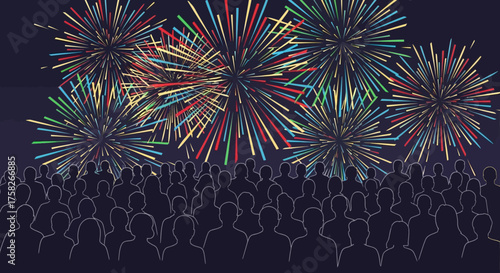 Vibrant fireworks illuminating the night sky above a crowd of silhouetted spectators at a celebration
