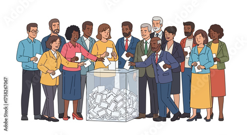 Diverse group of citizens casting their votes in a ballot box during a democratic election illustration