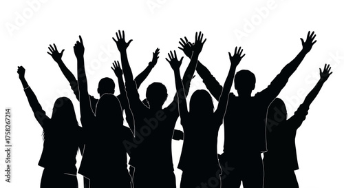 Group of People with Arms Raised in Celebration and Excitement