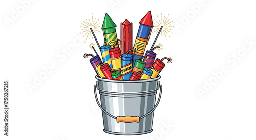 A cartoon collection of festive fireworks with lit fuses sparkling in a silver metal bucket ready for a holiday celebration