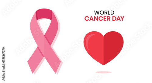 Pink ribbon and heart icon, symbol for World Cancer Day, awareness and hope