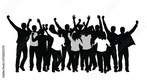 Group of People Silhouettes with Arms Raised, Symbolizing Celebration and Success