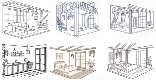 Isometric interior set, vector line art illustrations of minimalist home rooms, including a loft living room, kitchen, bathroom, and bedroom. Monochrome sketch collection of modern house design and de