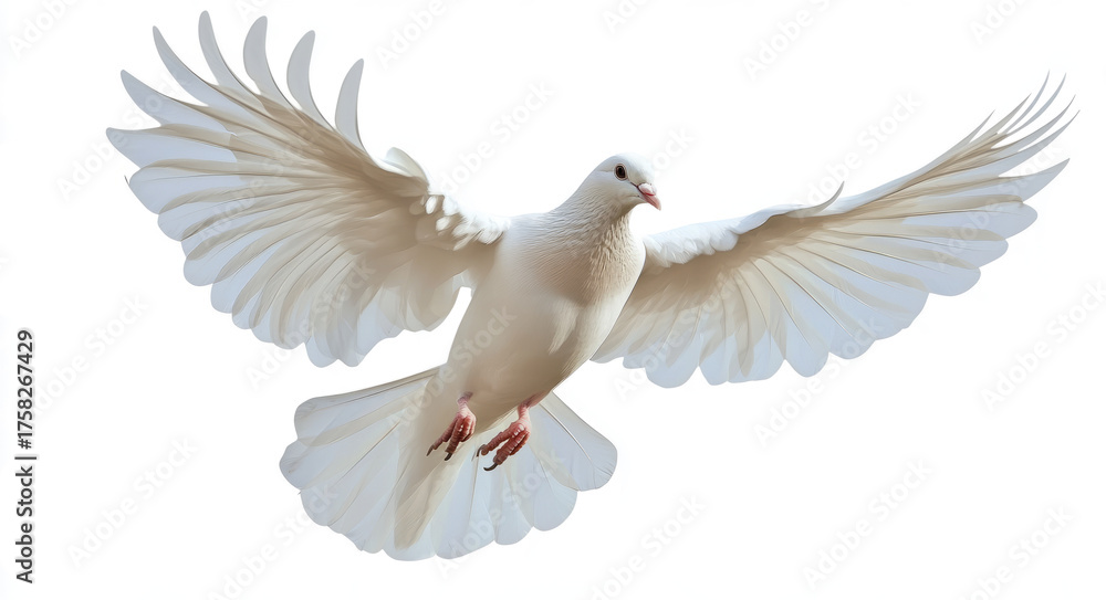 Fototapeta premium white dove flying with its wings fully spread, isolated against a transparent background