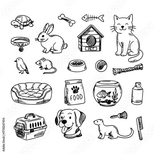 Set of pet items. Sketch for pet shop and veterinary clinic. Pets, food, toys and grooming accessories. Vector illustration.