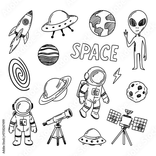 Space sketches. Set of vector space elements. Drawn planets, astronaut, rocket, UFO, alien, telescope, comet Vector illustration