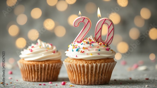 Delicious cupcakes adorned with creamy frosting and sprinkles celebrate a milestone twentieth birthday with glowing candlelit ambiance creating a festive mood.
