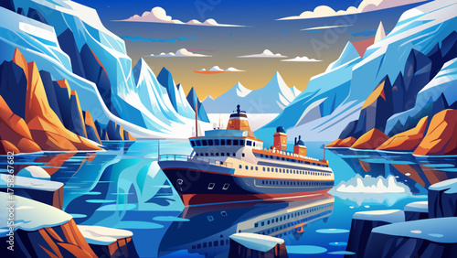 Very beautiful cruise ship sailing through a majestic northern seascape surrounded by floating ice glaciers and snowy peaks, capturing the spirit of polar exploration and luxury adventure travel in 
