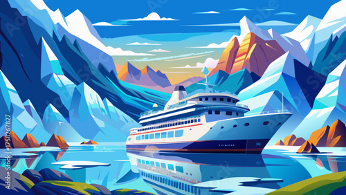 Very beautiful cruise ship sailing through a majestic northern seascape surrounded by floating ice glaciers and snowy peaks, capturing the spirit of polar exploration and luxury adventure travel in 
