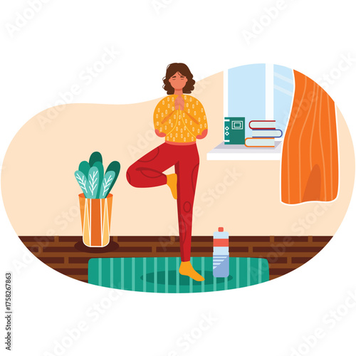 Woman do yoga exercise at home vector illustration