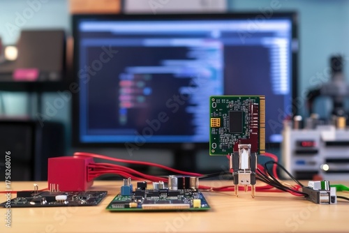 Circuit board development setup featuring technology in a modern workspace environment