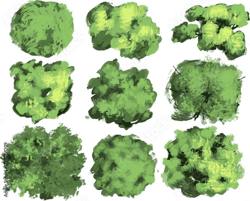 A set of nine top-down illustrations of trees and bushes, rendered with a distinct, textured, hand-painted style using varying shades of green and yellow-green, suitable for artistic or conceptual lan