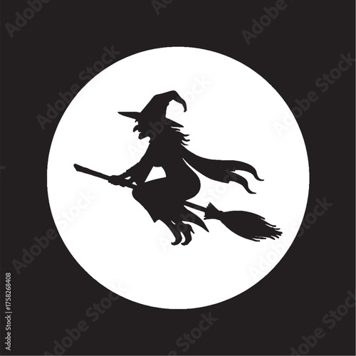 Silhouette of a witch flying on a broomstick against a full moon