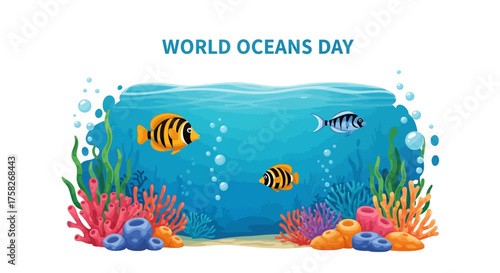 Vibrant underwater world illustration featuring colorful tropical fish, intricate coral reefs, and lush marine plants, symbolizing ocean health and conservation efforts