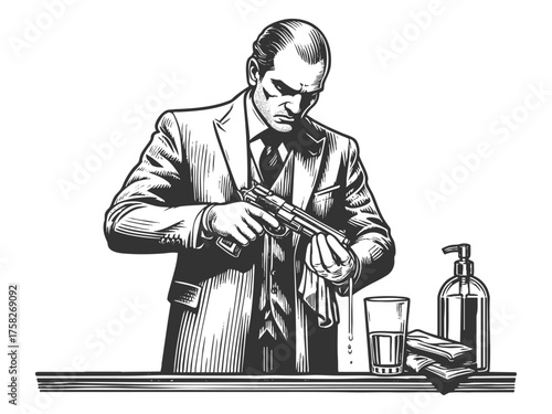 gangster in a suit carefully cleaning a pistol sketch engraving generative ai fictional character vector illustration. Scratch board imitation. Black and white image.