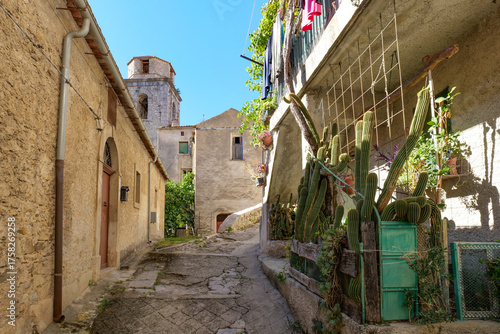 A narrow street among the old houses of Atena Lucana, a village in the province of Salerno, Italy.