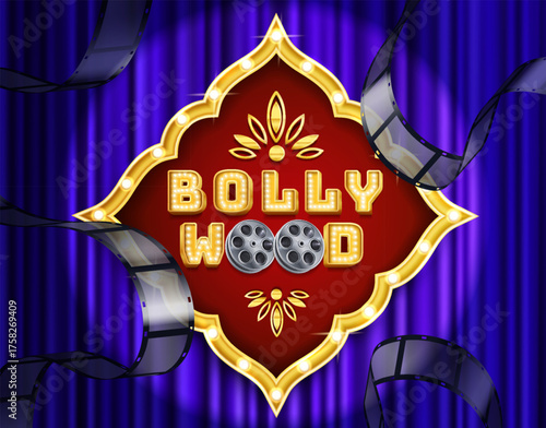 Bollywood composition blending signage film reels and stage curtains realistic style