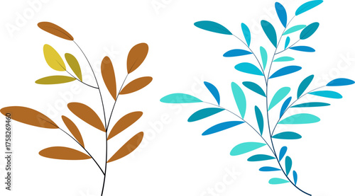 Botanical branch illustration with green and teal leaves, elegant minimalistic vector