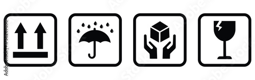 “Fragile Package and Shipping Symbols Set – Handle with Care, Recycle, Delivery and Caution Box Icons Collection”