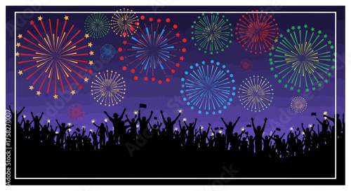 Silhouette of a cheering crowd watching a vibrant fireworks display lighting up the night sky for a festive celebration