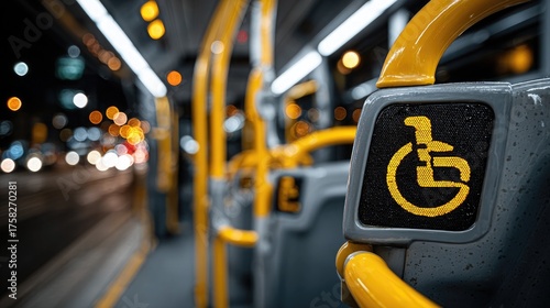 Accessible public transport at night featuring a glowing yellow wheelchair symbol on a bus interior with blurred city lights outside