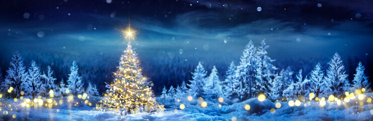 Christmas Tree On Snow - Winter Fir Forest At Night Forest - Pine Tree With Gift Boxes And With Shiny Star In Blue Landscape And Abstract Bokeh Lights