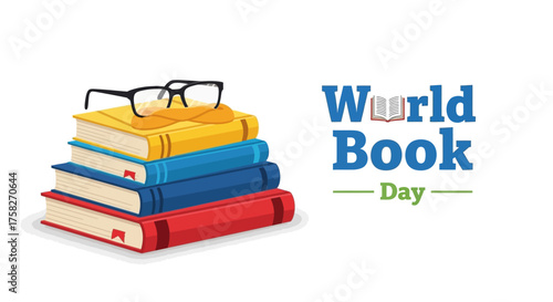 World Book Day Celebration with Stacked Books and Glasses Illustration
