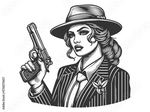 woman in pinstripe suit and fedora, holding a handgun with a fierce expression sketch engraving generative ai fictional character vector illustration. Scratch board imitation. Black and white image.