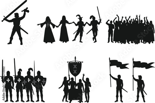 Medieval silhouette vector set of knights, warriors, flags, crowds, unity, battle scenes, crusaders, fantasy characters, historical group poses