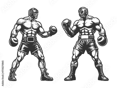 focused boxer in a fighting stance, highlighting power, discipline, and vintage athleticism sketch engraving generative ai fictional character vector illustration. Scratch board. Black and white image