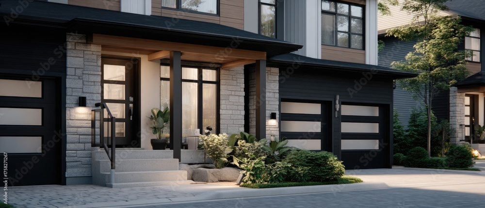Fototapeta premium Modern residential architecture featuring elegant entrance and landscaped surroundings in a quiet neighborhood during daylight