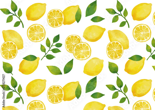 水彩風 レモンのパターン（葉っぱ付きあり）Winter Fruits Series:Watercolor lemon pattern (with leaves)