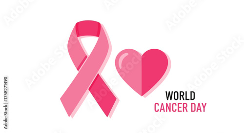 World Cancer Day Pink Ribbon and Heart Illustration for Awareness and Support