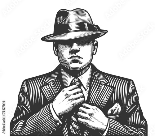 young man in pinstripe suit adjusting his tie, classic 1920s gangster or mobster sketch engraving generative ai fictional character vector illustration. Scratch board imitation. Black and white image.