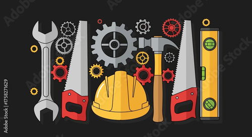 Flat design collection of construction equipment with a hard hat, hammer, saws, and wrench for building and repair work