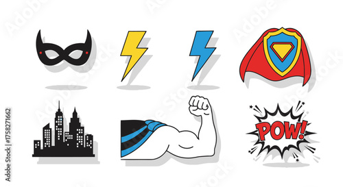 Superhero Icons Set Featuring Mask, Lightning Bolts, Shield, Cityscape, Bicep, and Pow Bubble
