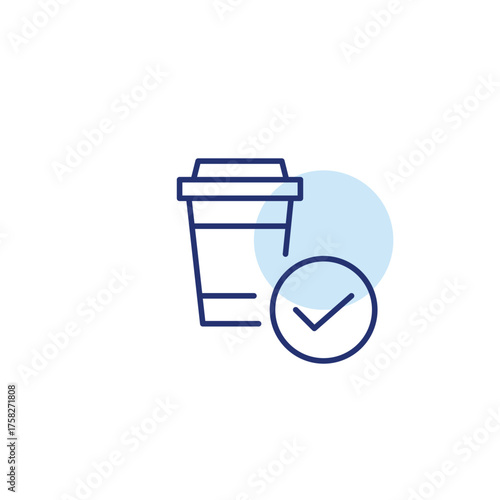 Takeaway coffee up and checkmark. Pixel perfect, editable stroke vector icon