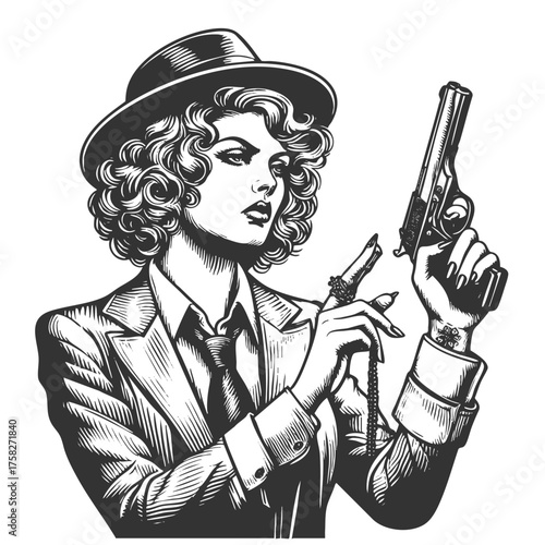 woman in pinstripe suit and fedora, holding a handgun with a fierce expression sketch engraving generative ai fictional character vector illustration. Scratch board imitation. Black and white image.