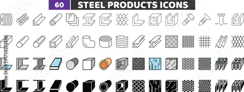 Steel Products and Construction Materials Icons Set, Metal Beam and Tube Vector Collection