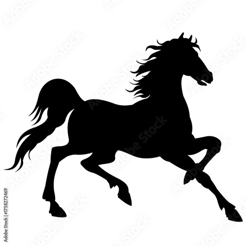 Black horse silhouette in dynamic motion representing strength and speed