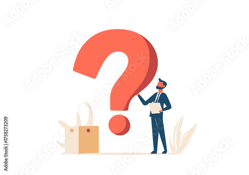 Businessman standing with clipboard next to large red question mark symbolizing problem solving decision making and answers concept minimalist vector illustration