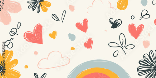 Hand drawn doodle flowers hearts and clouds pattern with colorful abstract shapes playful childish line art seamless background vector illustration