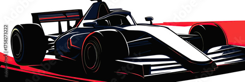 Modern minimalist flat vector illustration of a high speed black and white Formula 1 racecar with aerodynamic elements on red and white background suitable for motorsport design and racing themes