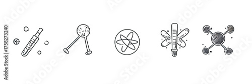 Hand drawn scientific doodle icons set includes test tube molecule atom thermometer and molecule structure sketch outline vector illustration design
