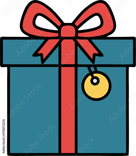 Blue Gift Box Icon Vector, Present with Red Bow and Yellow Tag, Minimalist Flat Cartoon Illustration