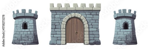Medieval stone castle gate and two cylindrical watchtowers with battlements in flat minimalist cartoon style vector illustration