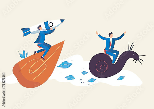 Businessman riding rocket for fast success competing against slow businessman on snail vector illustration of speed and performance contrast in flat style