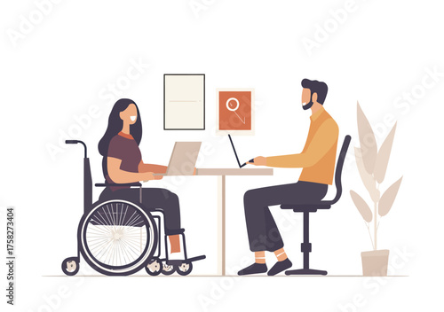 Diverse job interview scene with woman in wheelchair and man interviewer at modern office desk with laptops and plant in flat minimalist style